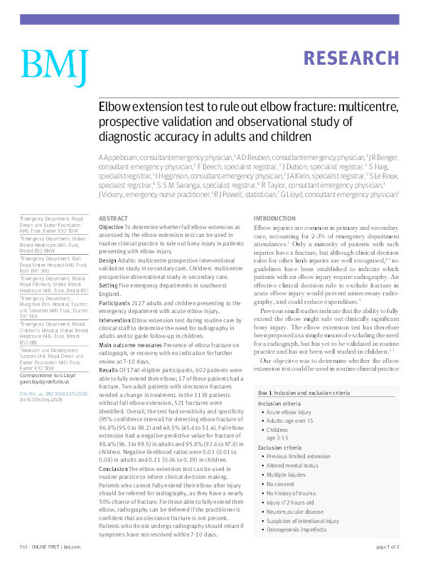 Elbow extension test to rule out elbow fracture: Multicentre, prospective validation and observational study of diagnostic accuracy in adults and children Thumbnail