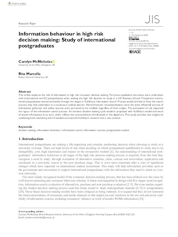 Information behaviour in high risk decision making: Study of international postgraduates Thumbnail