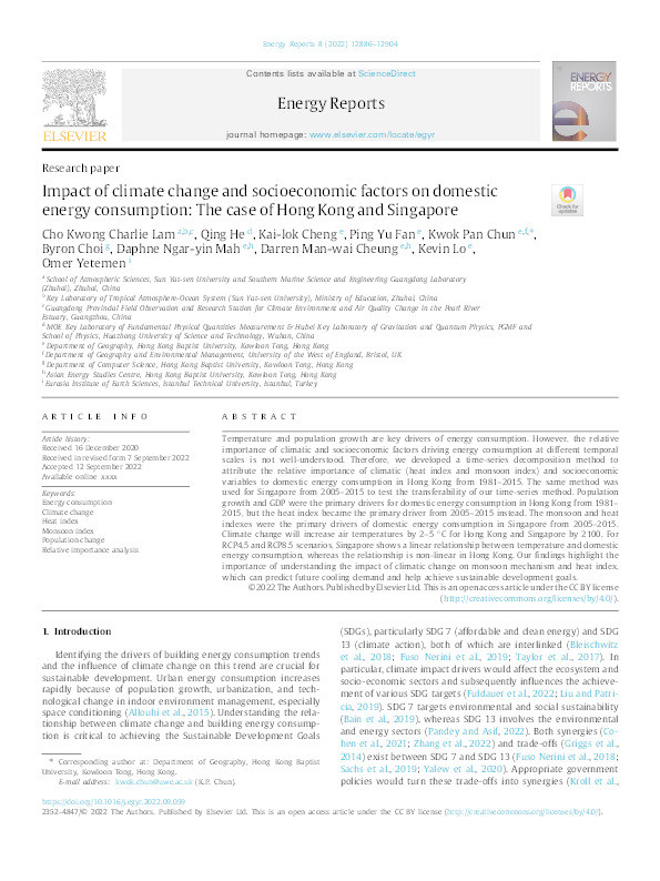 Impact of climate change and socioeconomic factors on domestic energy consumption: The case of Hong Kong and Singapore Thumbnail