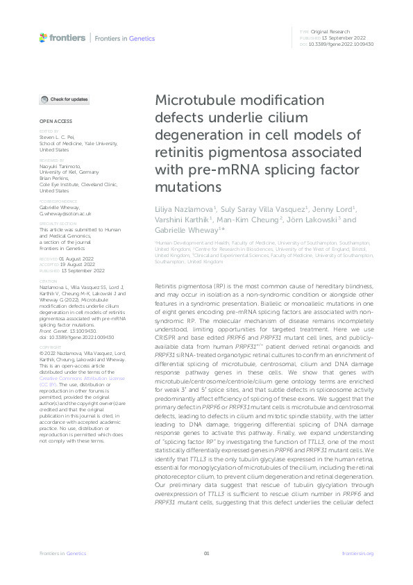 Microtubule modification defects underlie cilium degeneration in cell models of retinitis pigmentosa associated with pre-mRNA splicing factor mutations Thumbnail