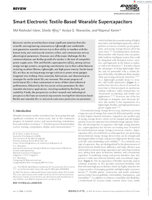 Smart electronic textile‐based wearable supercapacitors Thumbnail