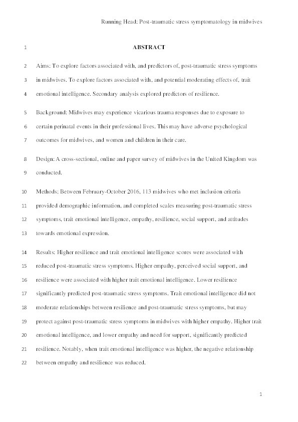 Posttraumatic stress symptomatology following exposure to perceived traumatic perinatal events within the midwifery profession: The impact of trait emotional intelligence Thumbnail