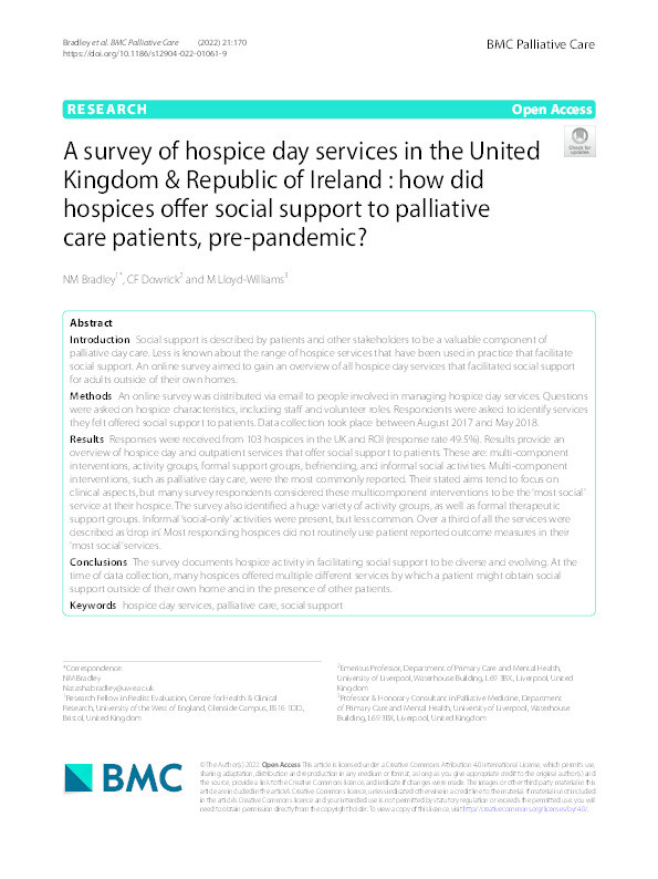 A survey of hospice day services in the United Kingdom & Republic of Ireland: How did hospices offer social support to palliative care patients, pre-pandemic? Thumbnail