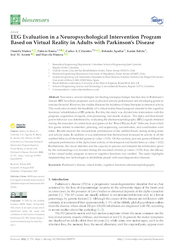 EEG evaluation in a neuropsychological intervention program based on virtual reality in adults with Parkinson’s disease Thumbnail