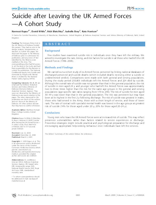 Suicide after leaving the UK armed forces -A cohort study Thumbnail