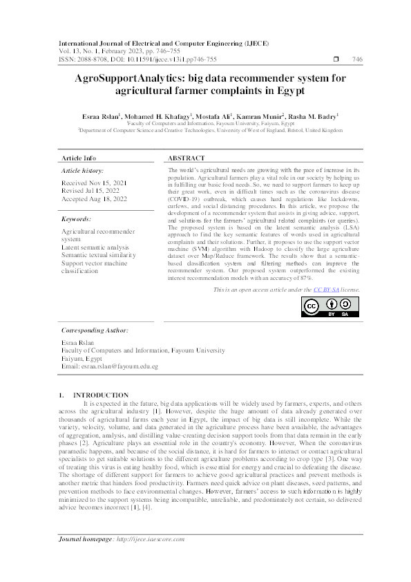 AgroSupportAnalytics: Big data recommender system for agricultural farmer complaints in Egypt Thumbnail