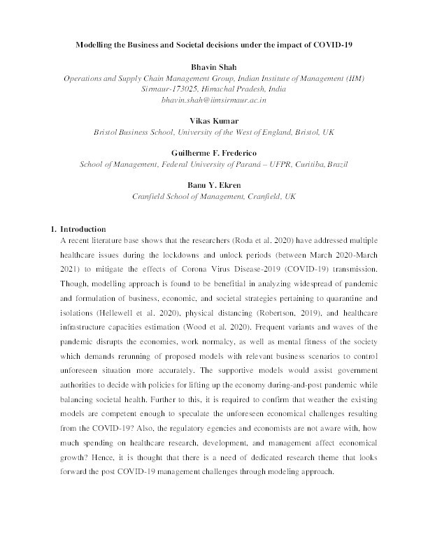 Guest editorial: Modelling the business and societal decisions under the impact of COVID-19 Thumbnail