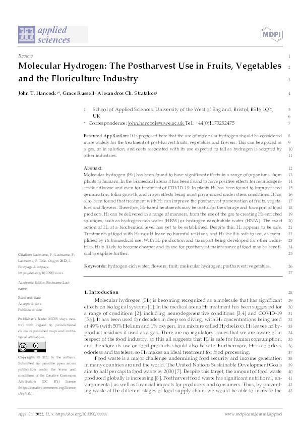 Molecular Hydrogen: The postharvest use in fruits, vegetables and the floriculture industry Thumbnail