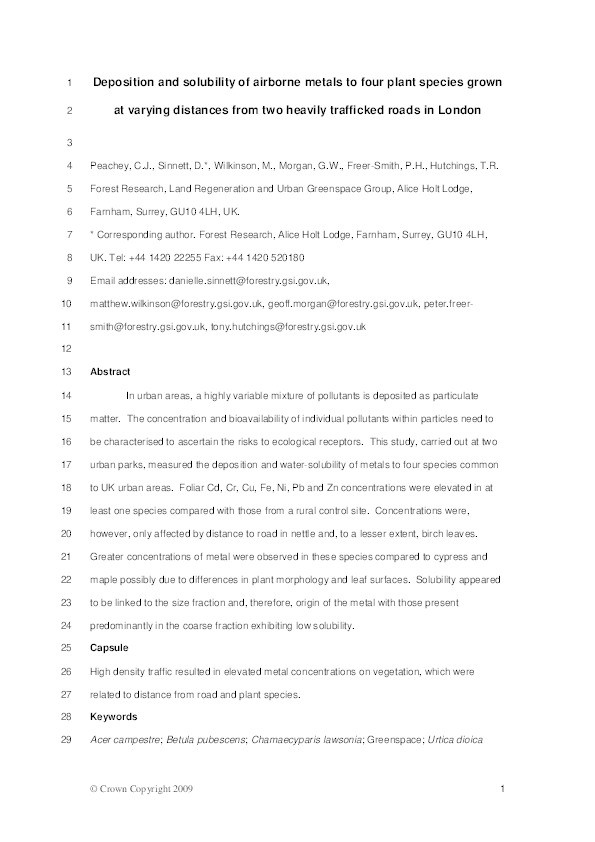 Deposition and solubility of airborne metals to four plant species grown at varying distances from two heavily trafficked roads in London Thumbnail