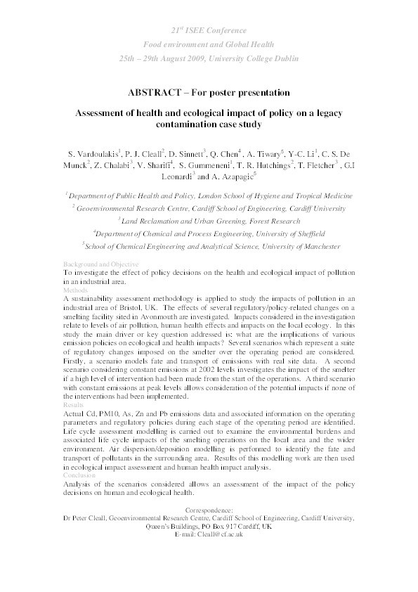 Assessment of health and ecological impact of policy on a legacy contamination case study Thumbnail