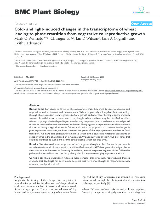 Cold- and light-induced changes in the transcriptome of wheat leading to phase transition from vegetative to reproductive growth Thumbnail