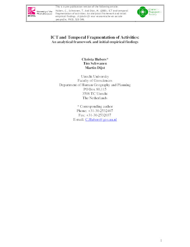 ICT and temporal fragmentation of activities: An analytical framework and initial empirical finding Thumbnail