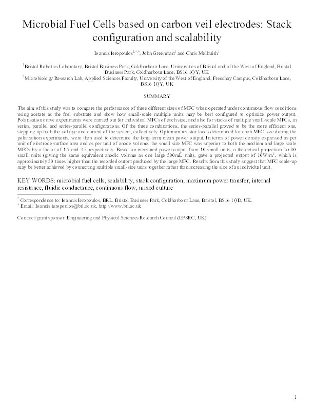 Microbial fuel cells based on carbon veil electrodes: Stack configuration and scalability Thumbnail