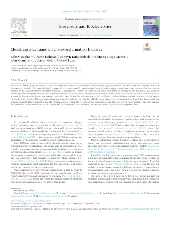 Modelling a dynamic magneto-agglutination bioassay Thumbnail