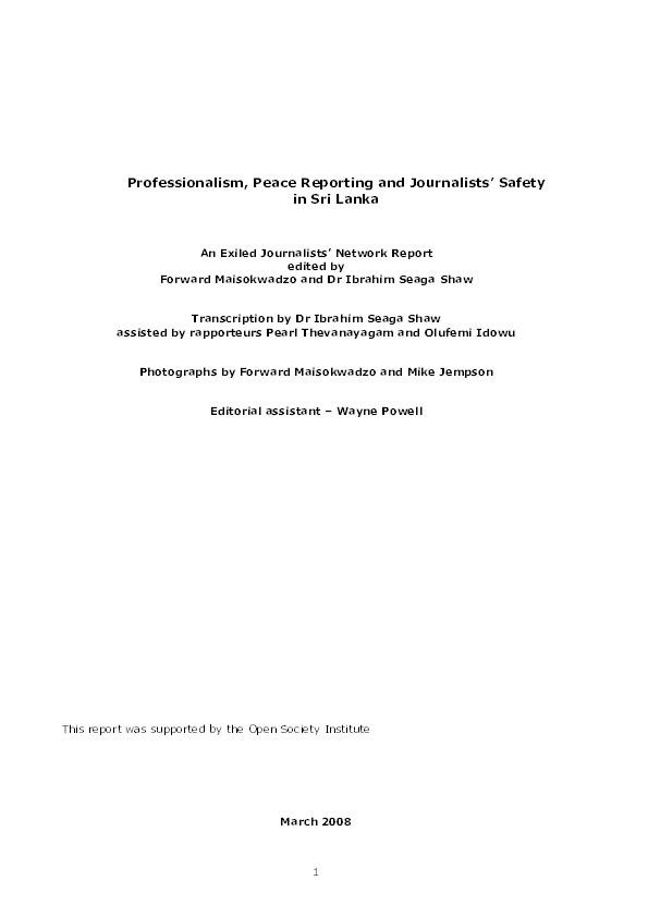Professionalism, peace reporting and journalists' safety in Sri Lanka Thumbnail