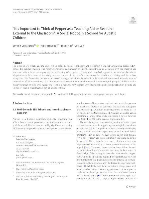 “It’s important to think of Pepper as a teaching aid or resource external to the classroom”: A social robot in a school for autistic children Thumbnail