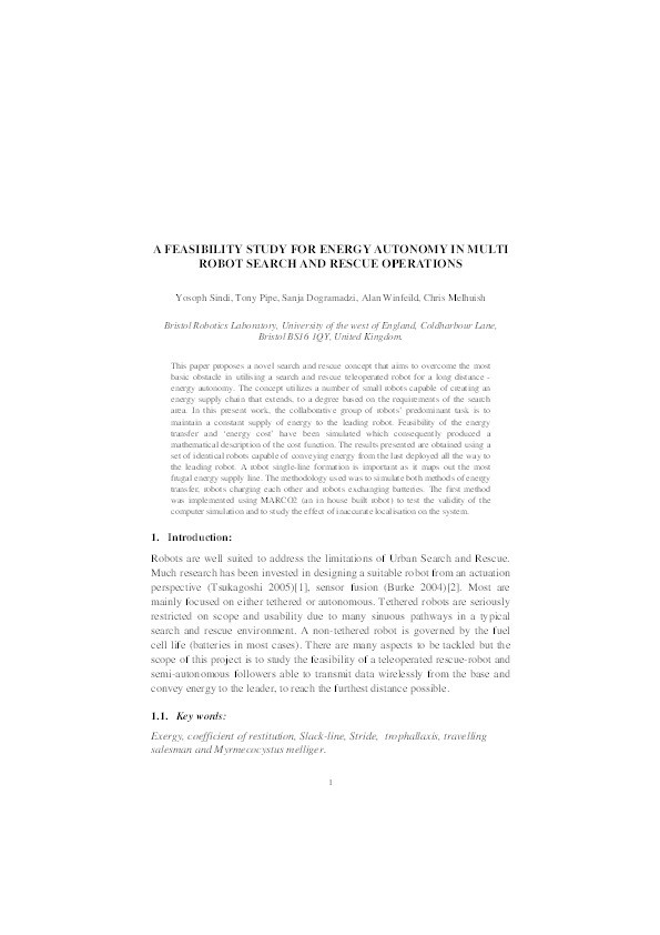 A feasibility study for energy autonomy in multi robot search and rescue operations Thumbnail