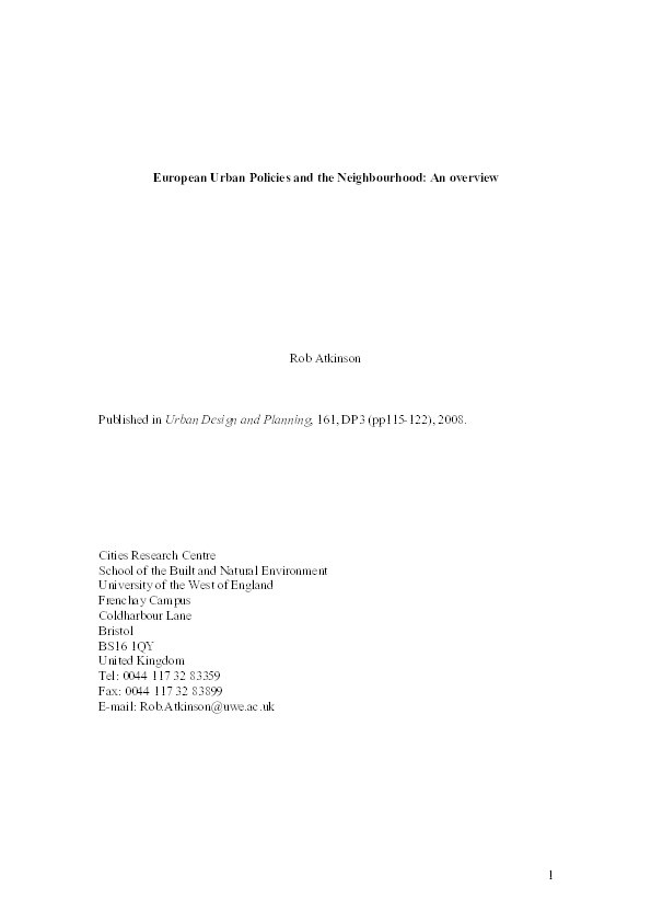 European urban policies and the neighbourhood: an overview Thumbnail