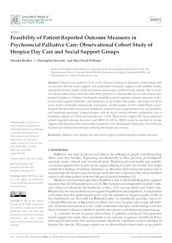 Feasibility of patient reported outcome measures in psychosocial palliative care: Observational cohort study of hospice day care and social support groups Thumbnail