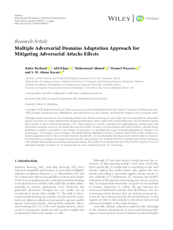 Multiple adversarial domains adaptation approach for mitigating adversarial attacks effects Thumbnail