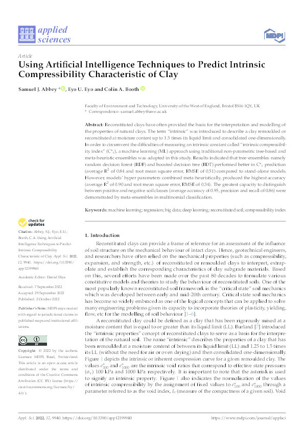 Using Artificial Intelligence techniques to predict intrinsic compressibility characteristic of Clay Thumbnail