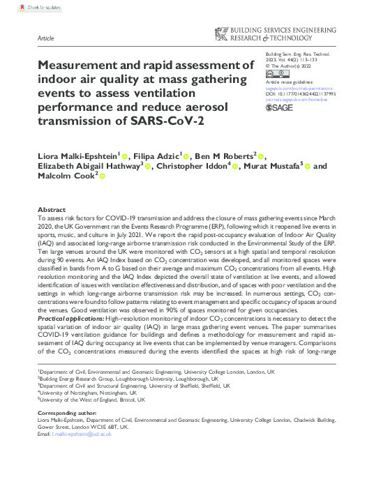 Measurement and rapid assessment of indoor air quality at mass gathering events to assess ventilation performance and reduce aerosol transmission of SARS-CoV-2 Thumbnail
