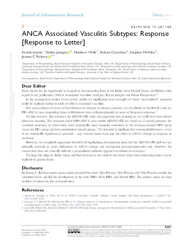 ANCA associated vasculitis subtypes: Response (response to letter) Thumbnail