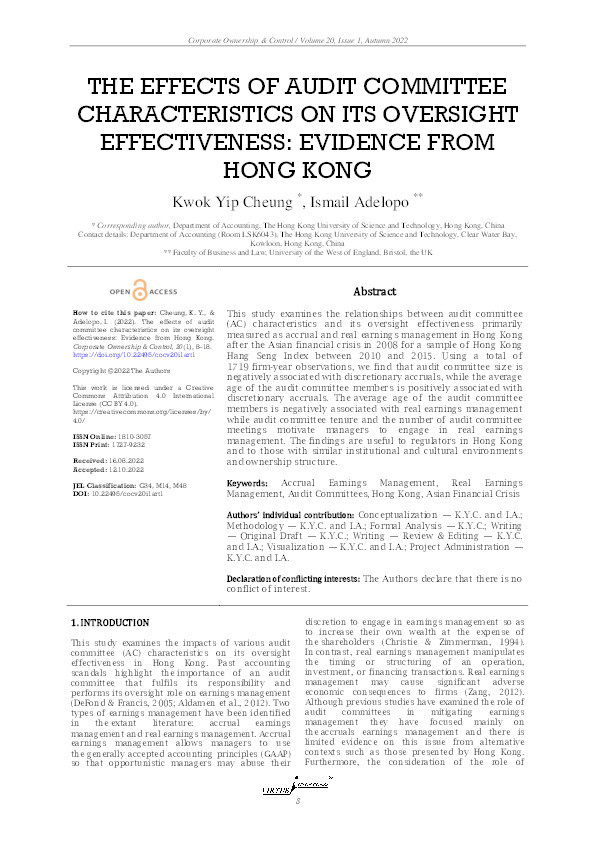 The effects of audit committee characteristics on its oversight effectiveness: Evidence from Hong Kong Thumbnail