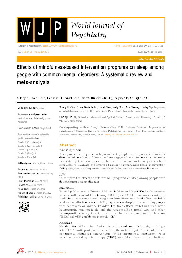 Effects of mindfulness-based intervention programs on sleep among people with common mental disorders: A systematic review and meta-analysis Thumbnail