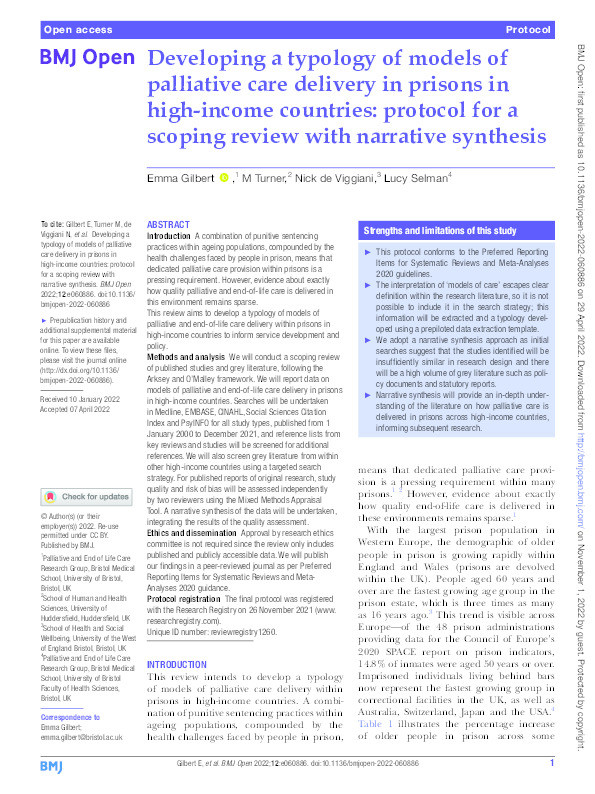 Developing a typology of models of palliative care delivery in prisons in high-income countries: Protocol for a scoping review with narrative synthesis Thumbnail