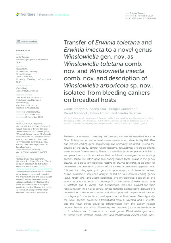 Transfer of Erwinia toletana and Erwinia iniecta to a novel genus Winslowiella gen. nov. as Winslowiella toletana comb. nov. and Winslowiella iniecta comb. nov. and description of Winslowiella arboricola sp. nov., isolated from bleeding cankers on broadleaf hosts Thumbnail