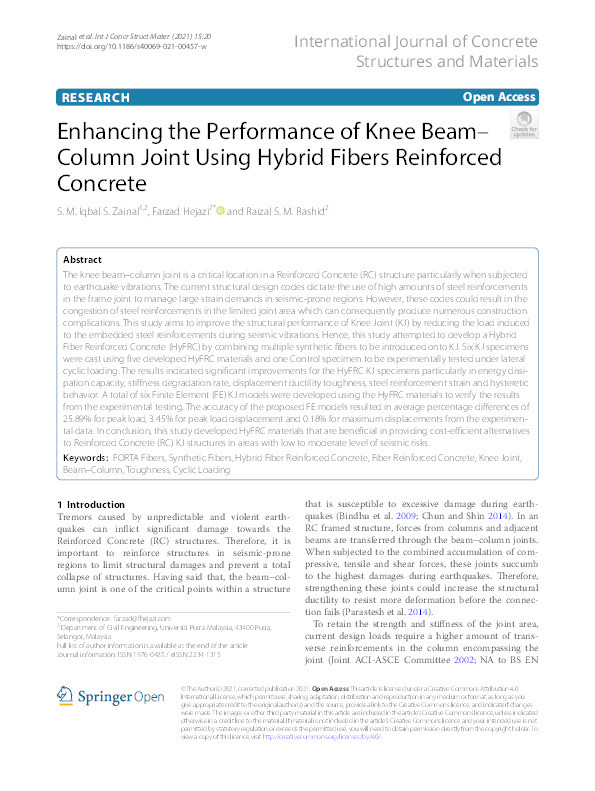 Enhancing the performance of knee beam–column joint using hybrid fibers reinforced concrete Thumbnail