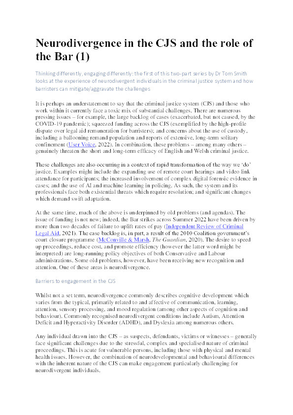 Neurodivergence in the CJS and the role of the Bar (Part 1)
