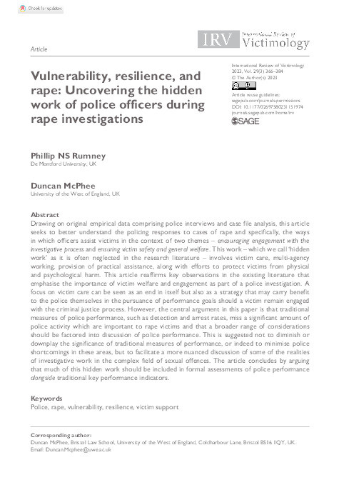Vulnerability, resilience, and rape: Uncovering the hidden work of police officers during rape investigations Thumbnail