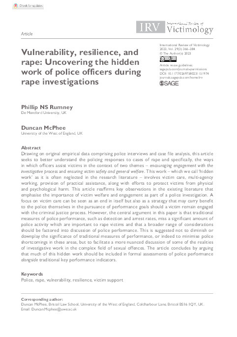 Vulnerability, resilience, and rape: Uncovering the hidden work of police officers during rape investigations Thumbnail