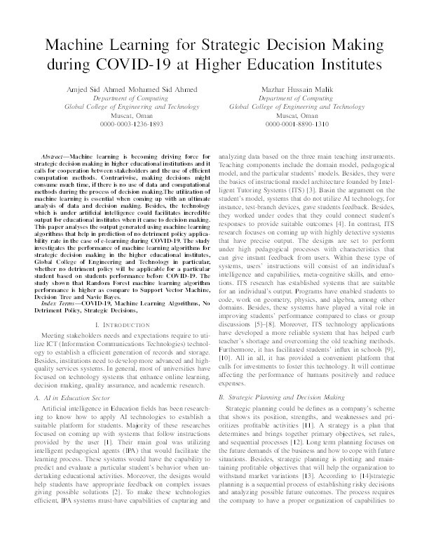 Machine learning for strategic decision making during COVID-19 at higher education institutes Thumbnail