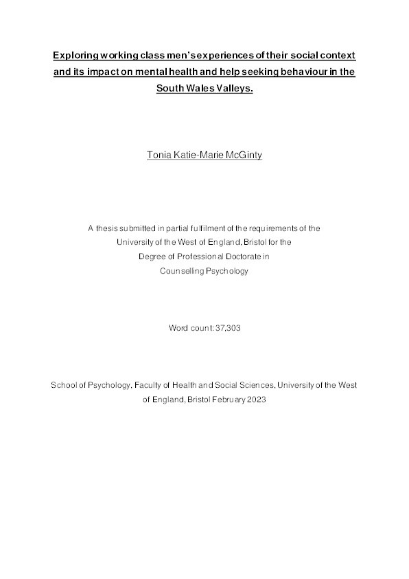 Exploring working class men’s experiences of their social context and its impact on mental health and help seeking behaviour in the South Wales Valleys Thumbnail