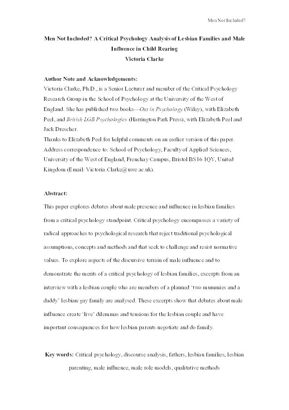 From outsiders to motherhood to reinventing the family: Constructions of lesbian parenting in the psychological literature - 1886-2006 Thumbnail