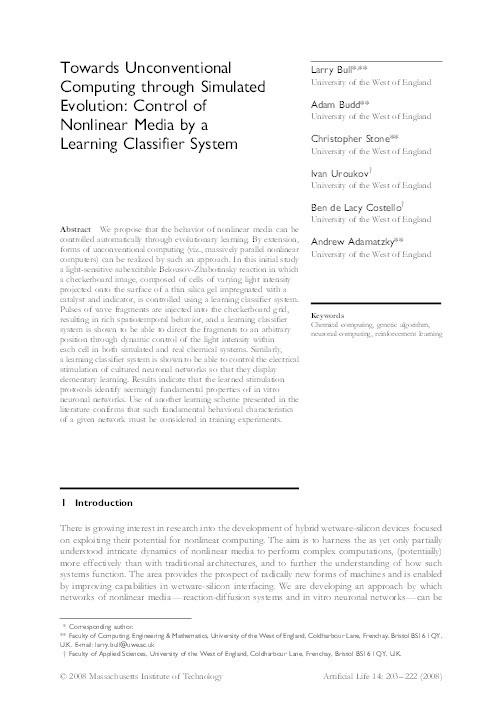 Towards unconventional computing through simulated evolution: Control of nonlinear media by a learning classifier system Thumbnail