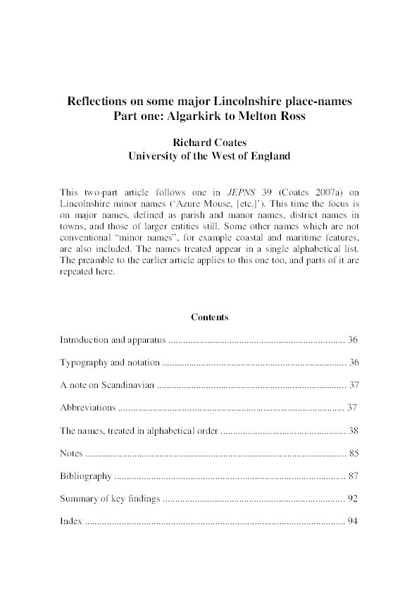 Reflections on some Lincolnshire major place-names, Part 1: Algarkirk to Melton Ross Thumbnail