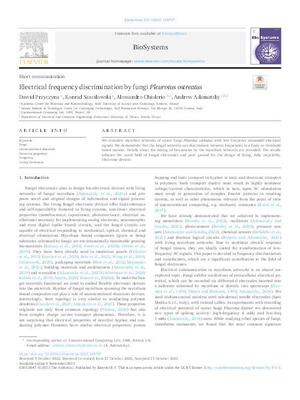 Electrical frequency discrimination by fungi Pleurotus ostreatus Thumbnail