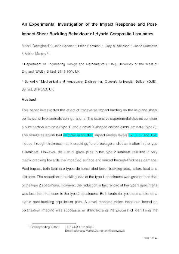 An experimental investigation of the impact response and post-impact shear buckling behaviour of hybrid composite laminates Thumbnail