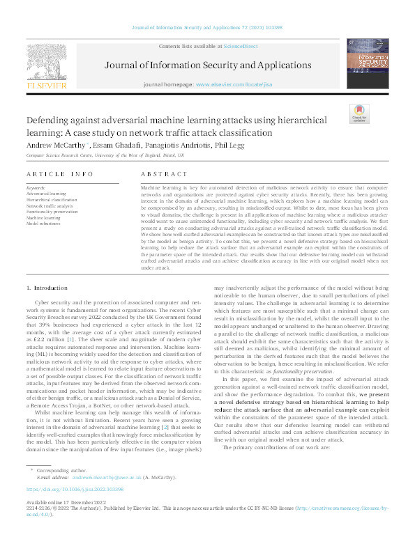 Defending against adversarial machine learning attacks using hierarchical learning: A case study on network traffic attack classification Thumbnail