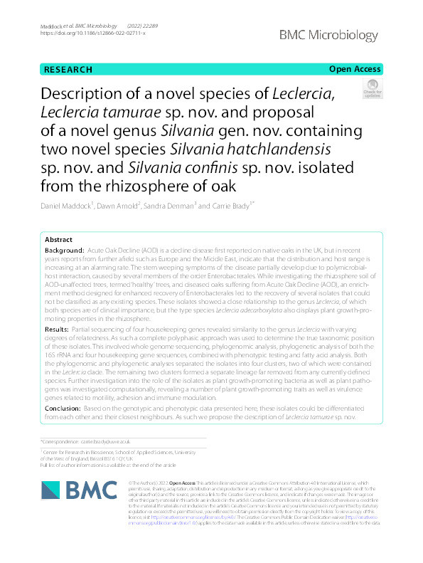 Description of a novel species of Leclercia, Leclercia tamurae sp. nov. and proposal of a novel genus Silvania gen. nov. containing two novel species Silvania hatchlandensis sp. nov. and Silvania confinis sp. nov. isolated from the rhizosphere of oak Thumbnail