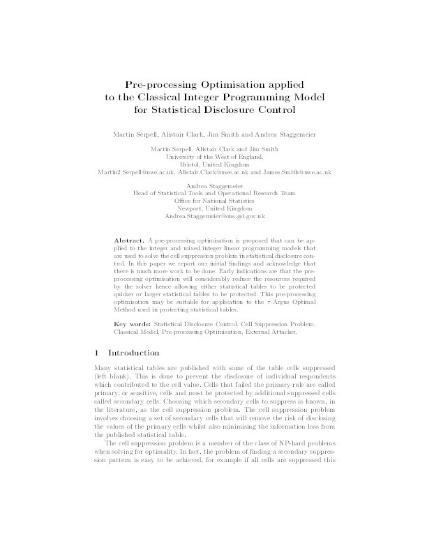 Pre-processing optimisation applied to the classical integer programming model for statistical disclosure control Thumbnail