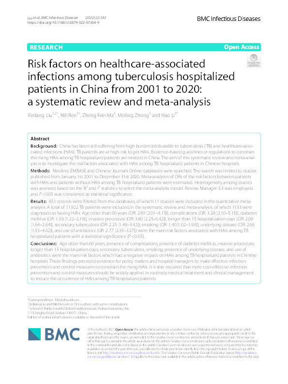 Risk factors on healthcare-associated infections among tuberculosis hospitalized patients in China from 2001 to 2020: A systematic review and meta-analysis Thumbnail