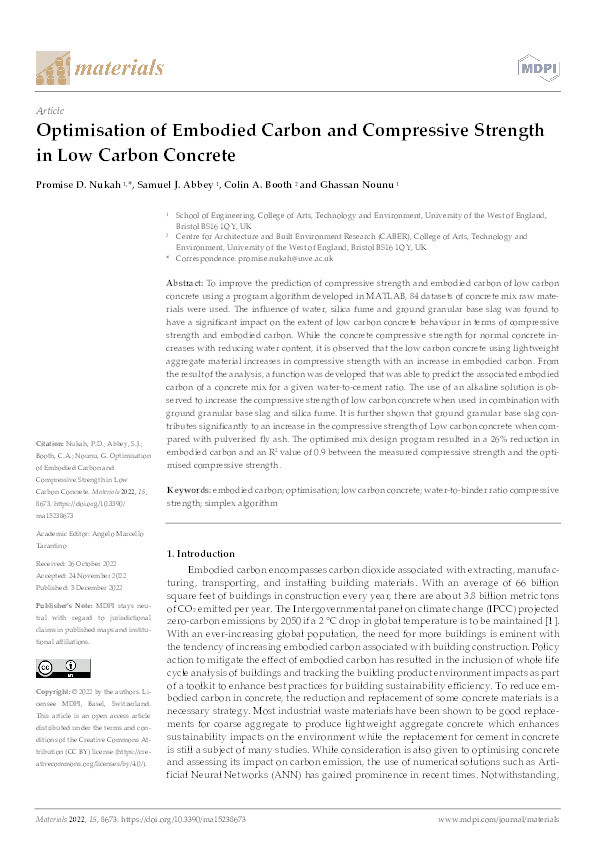 Optimisation of embodied carbon and compressive strength in low carbon concrete Thumbnail