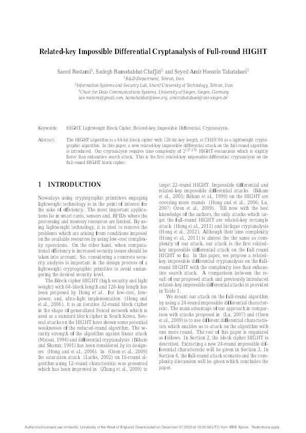 Related-key impossible differential cryptanalysis of full-round HIGHT Thumbnail