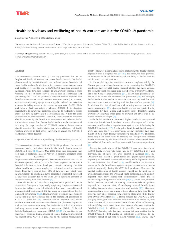 Health behaviours and wellbeing of health workers amidst the COVID-19 pandemic Thumbnail