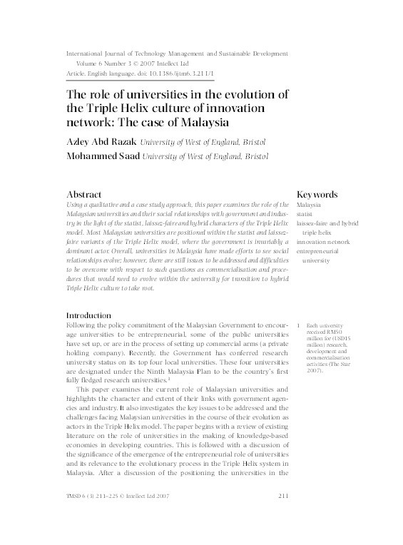 The role of universities in the evolution of the triple helix culture of innovation network: The case of Malaysia Thumbnail